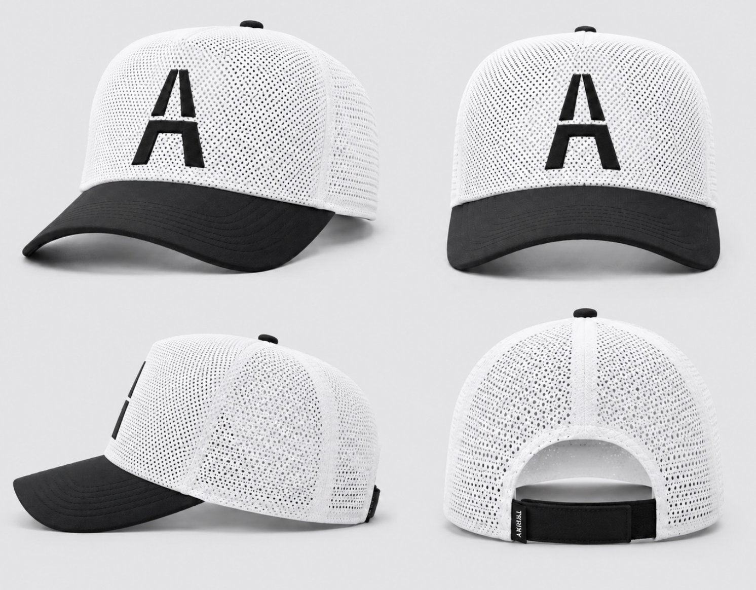 Aerial Venturi white mesh running hat with black visor, shown from four angles